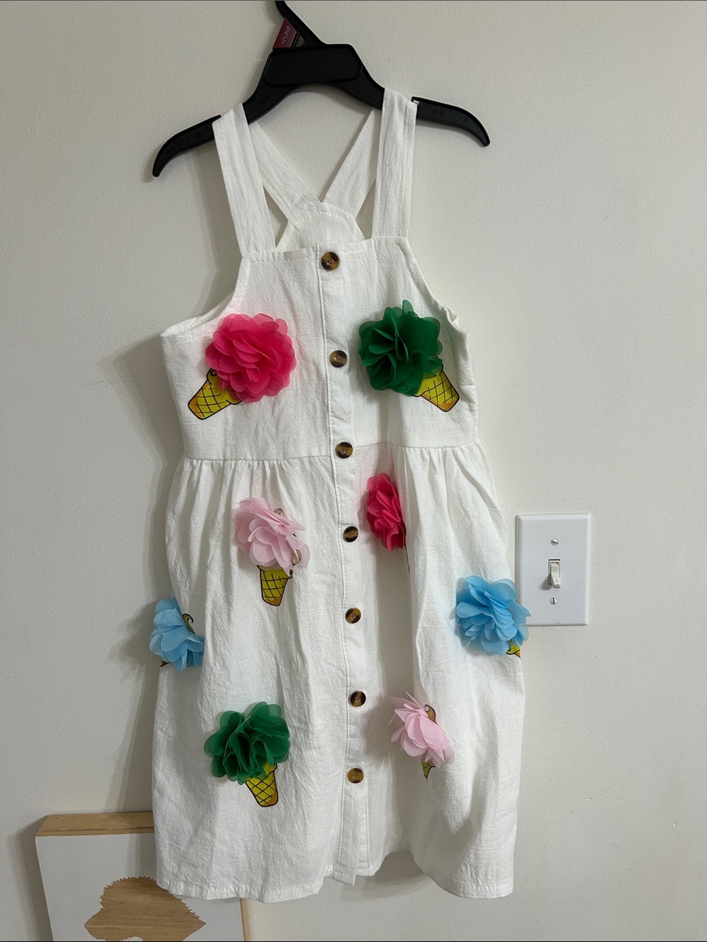 White Kids Dress with Colorful Floral Ice Cream Appliqués Never Worn. Size 5